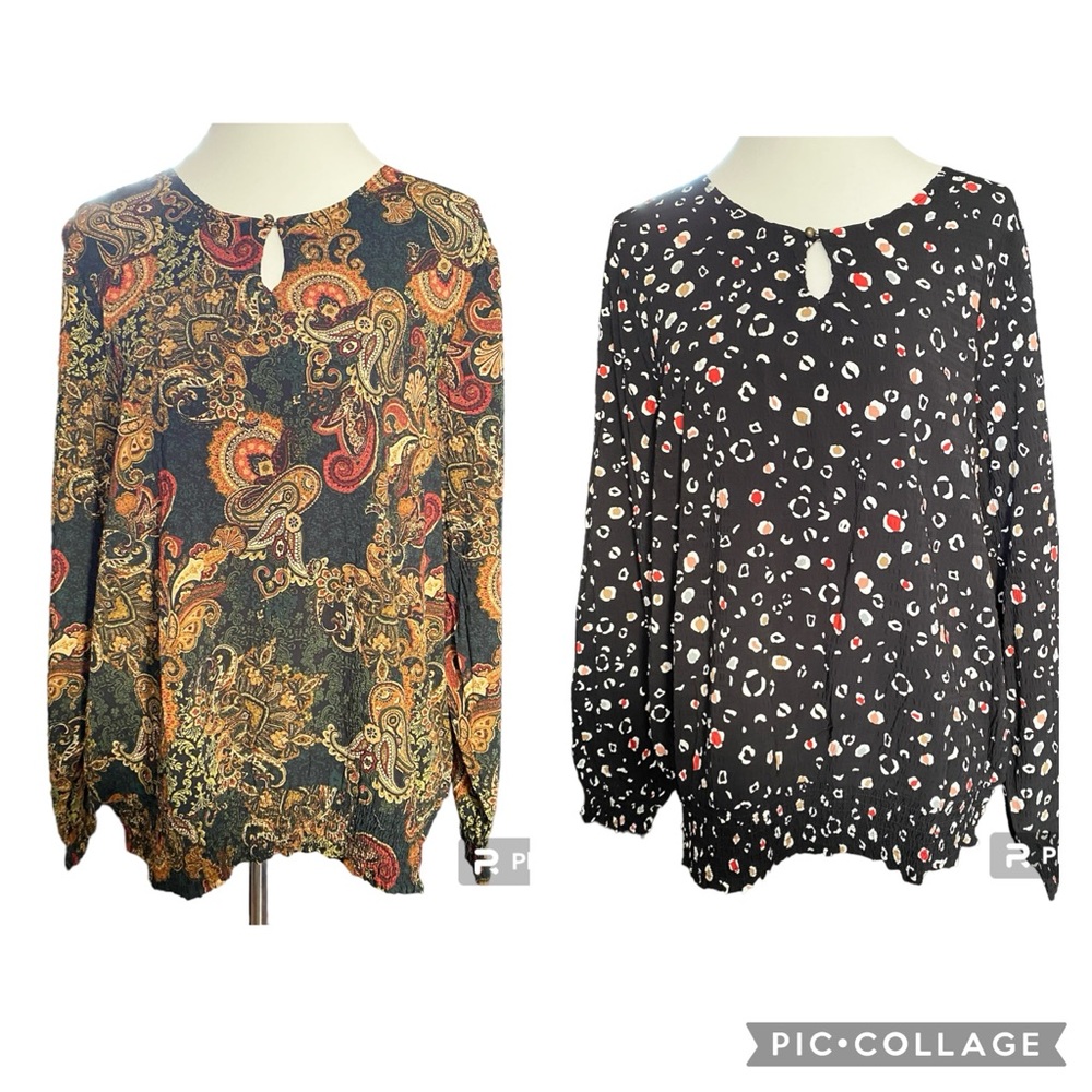 Lot Christopher & Banks Smocked waist & wrist blouses olive leaf black multi LG